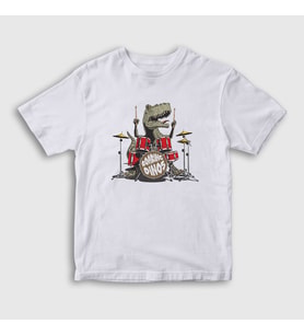 Presmono Unisex Çocuk Beyaz Dinos Dinozor Drums Bateri T-Shirt 370857tt (Beyaz)