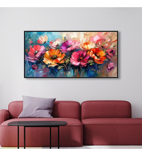 Yağlı Boya Dokulu Tablo Modern Renkli Yatay Çiçekler Siyah Çerçeveli U02044