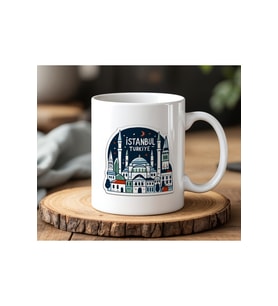 İstanbul Sticker Tasarımlı Beyaz Seramik Baskılı Kupa Bardak 330ml