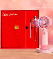 Kişiye Özel Kırmızı Deri Organizerli Premium Ajanda & Kalem & Şarjlı El Fanı 3 Kademli
