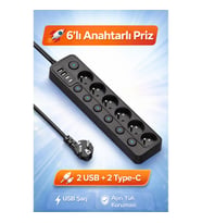 6’lı Ayrı Anahtarlı Akım Korumalı Priz 3680W 16A 2 USB 2 Type-C 2 Metre Kablolu Çoklu Priz (Siyah)
