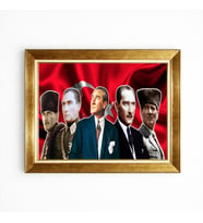 Tablore Atatürk Kolajı Türk Bayrağı Detaylı Altın Çerçeveli Kanvas Tablo
