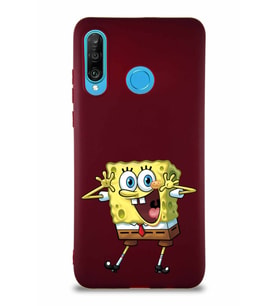 Huawei P30 Lite Soft Premier Kapak Sünger Bob Tasarımlı Silikon Kılıf - Mürdüm (Şeffaf)