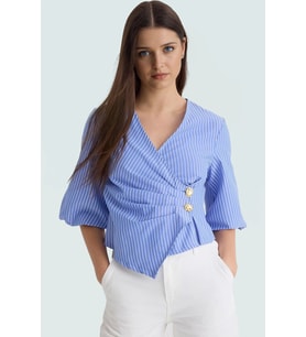 Yazlık Kısa Kol Çizgili Terrycotton Bluz V Yaka Casual Modern Stil Yüksek Kalite Uzun Ömürlü (Mavi)