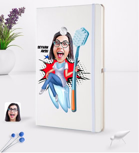 BK Gift Kişiye Özel Kadın Diş Hekimi Karikatürlü Beyaz Termo Deri Defter 16x24cm Model 3