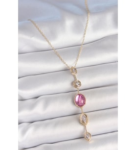 Pirinç Zincir Gold Renk Pembe Zirkon Taşlı Y Kolye 5886 - SSSSSS9311-6644