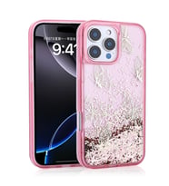 Apple iPhone 14 Pro Max Uyumlu Kılıf Sıvılı Simli Kelebek Baskılı Şeffaf Arka Yüzey Zore Glis Silikon Kapak (Pembe)