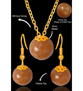 Sertifikalı Gold Küre Model Güneş Taşı Kolye ve Küpe Seti - Gümüş Aparatlı - Koyu Renk (Çok Renkli)
