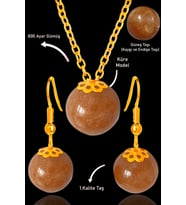 Sertifikalı Gold Küre Model Güneş Taşı Kolye ve Küpe Seti - Gümüş Aparatlı - Koyu Renk (Çok Renkli)