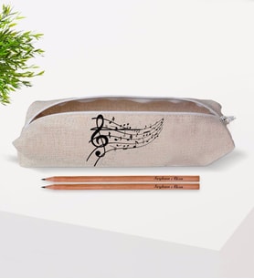 BK Gift Kişiye Özel Müzik Notaları Tasarımlı Keten Bez Kalemlik ve İsimli Ahşap Kurşun Kalem Hediye Seti-1