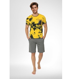 Mecit 4001 Erkek Pamuklu Sarı Batik Desenli Şortlu Pijama Takımı