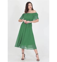 Neşeli Butik Kadın yeşil bağlama detaylı madonna yaka yeni sezon şifon elbise NB8060
