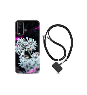 Vivo Y20s Kılıf Resimli Desenli Silikon Boyun Askılı Beyaz Çiçekler 1888
