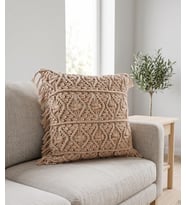 Bohem Makrome Örgü Detaylı Kırlent Kılıfı - Bej Renk Püsküllü Dekoratif Yastık 40x40 cm