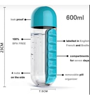 600 Ml 7 Günlük İlaç Saklama Kutulu Hazneli Su Matarası (Mavi)