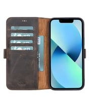 Apple iPhone 13 Pro Max Uyumlu Deri Cüzdanlı Kılıf Acı Kahve
