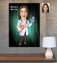 Kişiye Özel Karikatür Baskılı Ahşap Tablo Tıp Bayramı KKB Doktoru Kadın-1 30x40