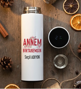 Kişiye Özel Anneye Hediye Filtreli Dijital Göstergeli Termos Anneler Günü Hediyesi (Beyaz)