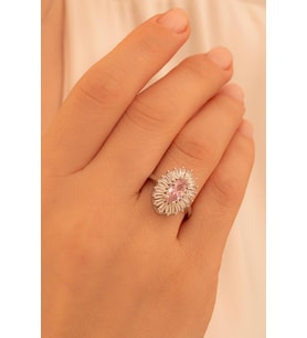 Kadın Gümüş Yüzük - Damla Model Pembe Zirkon Taşlı Baget Süslemeli Rodyumlu Kadın Yüzük