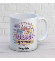 Kişiye Özel Türkçe Öğretmeni Baskılı Kupa, Sevimli Kedi Kitap Temalı İsim Soyisim Yazılı Öğretmen Hediyesi