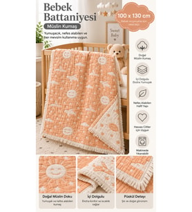 %100 Pamuk Müslin 6 Katlı Bebek & Çocuk Battaniyesi, 100x130cm Desenli Müsl