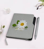 BK Gift Kişiye Özel Papatya Temalı Gri Termo Deri Defter Kalem Seti-4