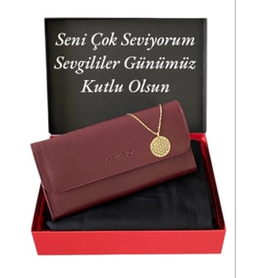 Kadın Hediye Bordo Cüzdan Siyah Şal Ve Yaşam Çiçeği Kolye