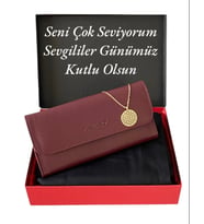Kadın Hediye Bordo Cüzdan Siyah Şal Ve Yaşam Çiçeği Kolye