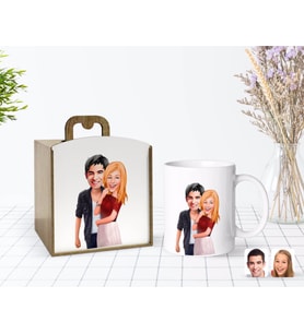 BK Gift Kişiye Özel Ahşap Kutuda Sevgililer Karikatürlü Beyaz Kupa Bardak-90