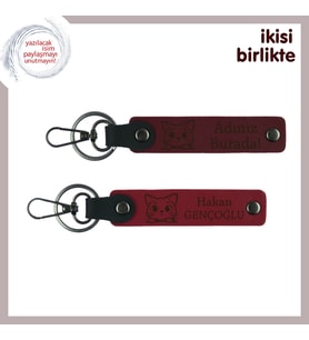 Kedi Sevgisini Kalıcılaştıran Hediye, Kişisel Deri Anahtarlık 2’li Set, Bordo-Kırmızı (Çok Renkli)