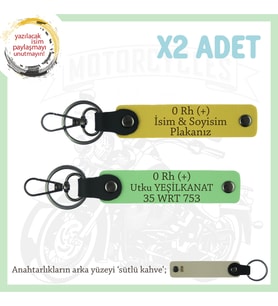 Bikerlar İçin Özel, İsim Plaka ve 0 Rh (+) Kan Grubu Yazılı Hediyelik x2 Anahtarlık, Sarı-F Yeşil-SK (Çok Renkli)
