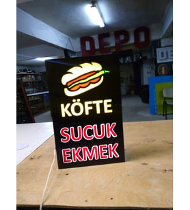 Köfte-Sucuk Ekmek Yazılı Tabela 3D Led Neon Etkili Işıklı Tabela 30X45 CM Tek Taraflı