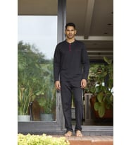 Kly 9133 Büyük Beden Erkek Düğmeli Uzun Kollu Pamuklu Pijama Takım (Siyah)
