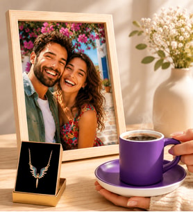 Kişiye Özel Fotoğraflı Hediye Seti Mor Kahve Fincanlı ve Mikail Meleği Kolyeli