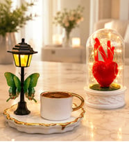 Sokak Lambalı Premium Kahve Fincanı ve LED Işıklı Fanus(kırmızı kalpli) Seti