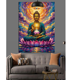 Buda Mor Lotusta Otururken Meditasyon Hali Dekoratif Kanvas - Mdf Ahşap Tablo