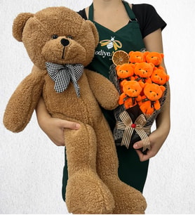 Özel Tasarım 7'li Peluş Ayıcık Buketi ve Büyük Boy Kahverengi Peluş Ayıcık (Model 5)