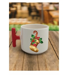 En Güzel Hediye Kırmızı T Kulp Yeni Yıl Noel Çanları Çoraplı Tasarımlı Çay Fincan Modelleri