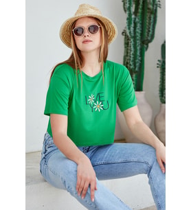 Oversize Baskılı Crop Tişört - Yeşil