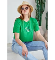Oversize Baskılı Crop Tişört - Yeşil