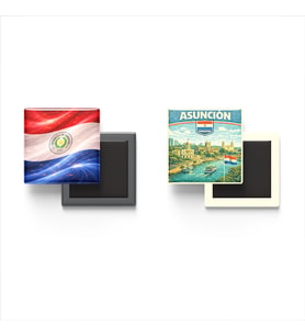 Buzdolap Magnetleri - Paraguay Bayrağı ve Asunción Retro Tema - 2'li Set Magneti