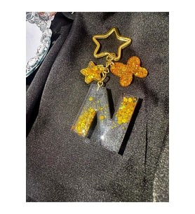N Harf Antrasit Gri Renk Gold Glitter Pullu Yıldız Halka Kancalı Epoksi Harf Anahtarlık Hediyelik