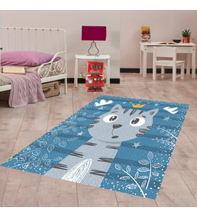 Kedili Halı Kedi Desenli Renkli Dijital Baskı Yıkanabilir Kaymaz Taban Bebek ve Çocuk Odası Halısı (Mavi)