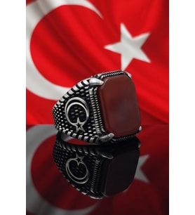Ay Yıldızlı Figürlü Pençe Desenli Kare Tasarımlı Akik Taşlı 925 Ayar Gümüş Yüzük 903080