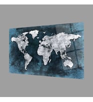 Mavi Gri Eskitme Dünya Haritası 4mm Dayanıklı Cam Tablo Temperli Cam, World Map Glass Wall Art