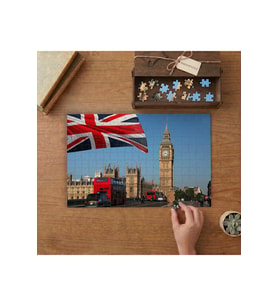 Londra Big Ben - Saat Kulesi- İngiltere Bayrağı Tasarımı 240 parça Ahşap Puzzle Ahşap Kutuda MP01194