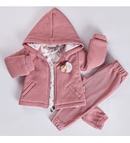 NOYNOY BABY 8333NY Kız Bebek Waffle Çiçekli Gül Kurusu Üçlü Takım  (Karışık)