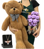 Premium Hediye Seti - Renkli Anka Kuşu Kolyeli, 7'li Ayıcık Buketli ve Kahve Peluş Ayıcıklı Set (Model 3)