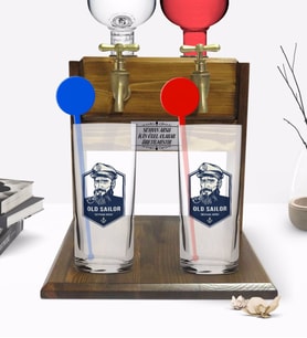 BK Gift Kişiye Özel Renkli Baskılı Denizci Tasarımlı İkili Vodka Bardağı ve Çift Musluklu Doğal Ahşap Vodka Standı-1 (Model 1)