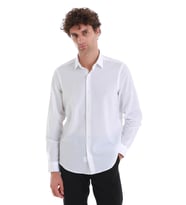 Beyaz Comfort Fit Düz %100 Pamuk Slim Yaka Uzun Kollu Spor Gömlek